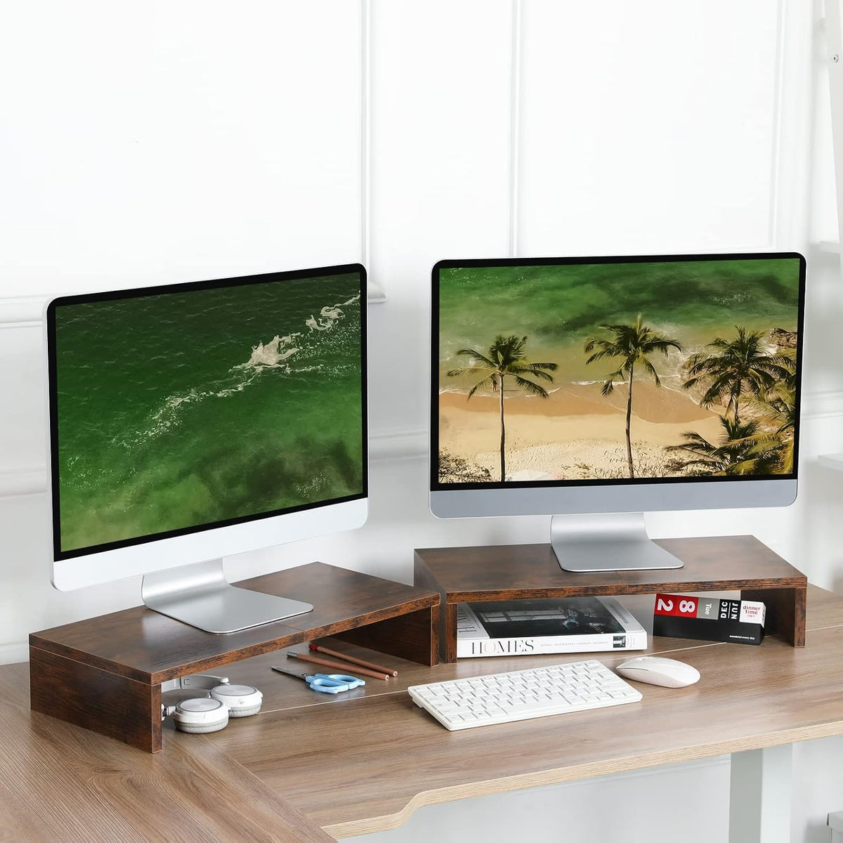 20 inch Wood Monitor Stand Riser, Desktop Riser Shelf, Rustic Brown
