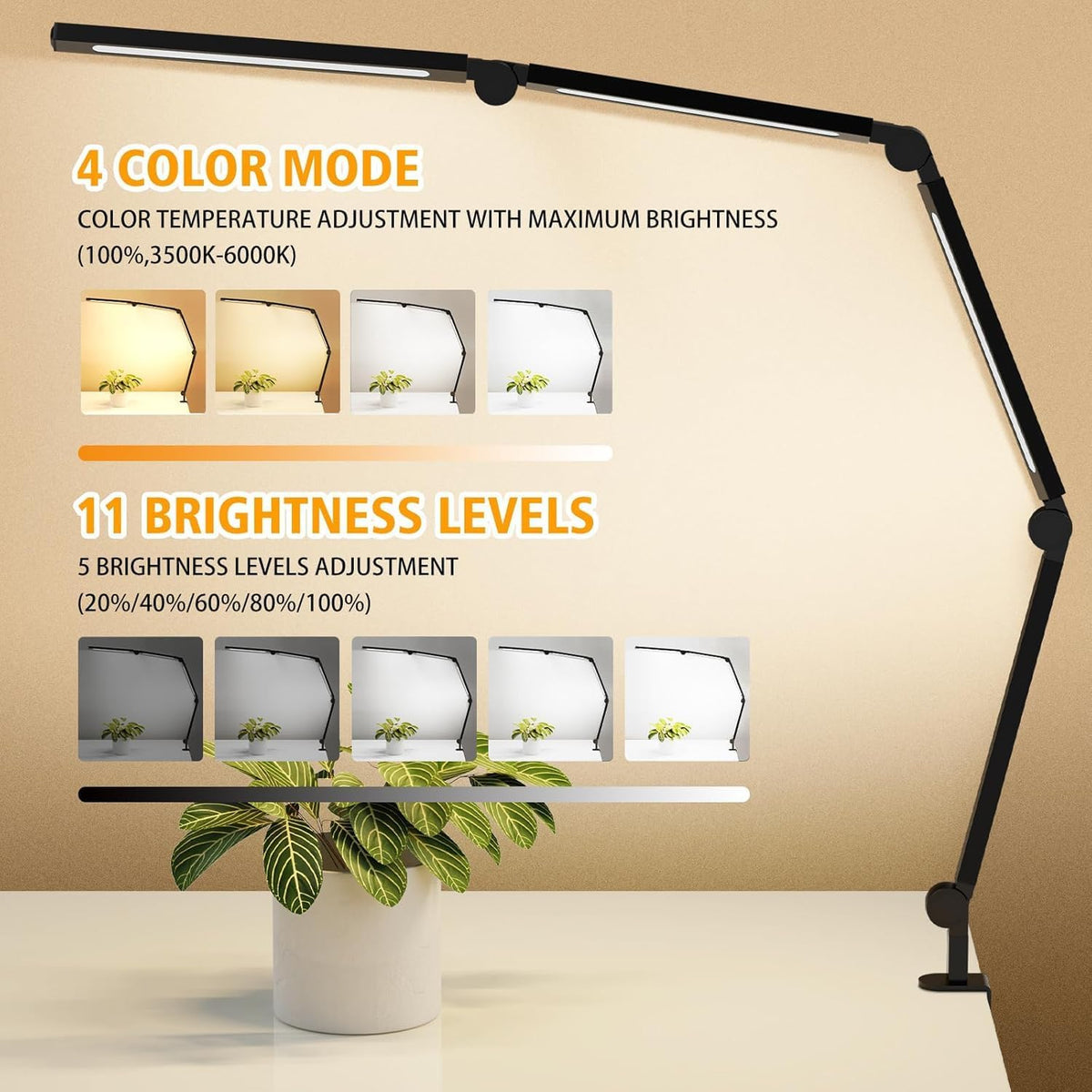 Bright LED Desk Lamp with Clamp,Eye Caring Architect Led Desk Lights with Adjustable Swing Arm for Office Home,Dimming and Tempering Led Table Light