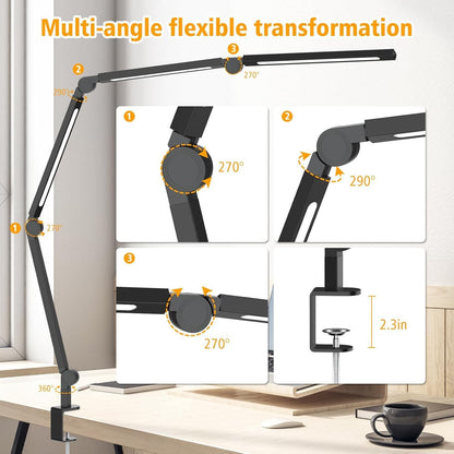 Bright LED Desk Lamp with Clamp,Eye Caring Architect Led Desk Lights with Adjustable Swing Arm for Office Home,Dimming and Tempering Led Table Light