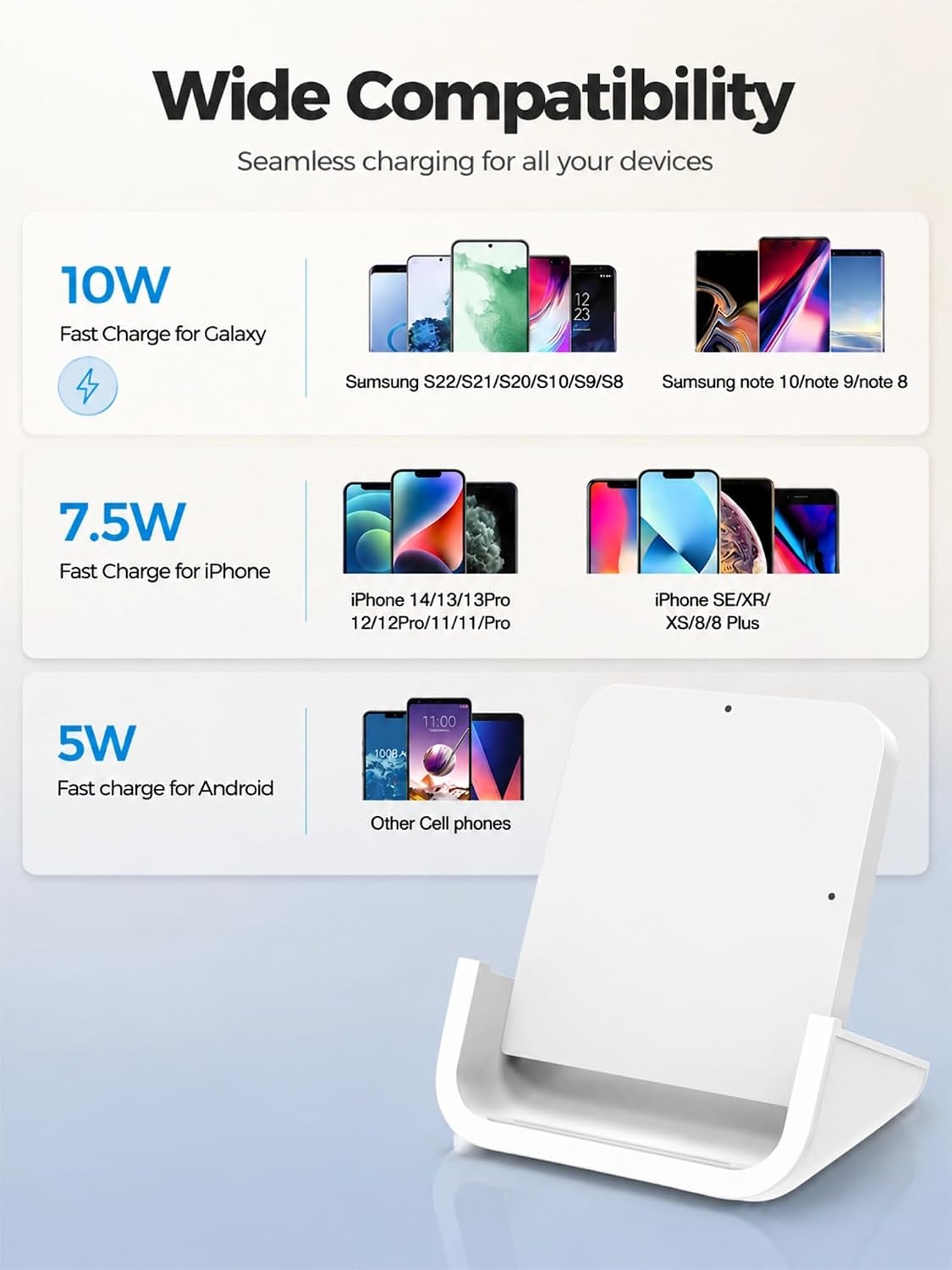 Wireless Charger YUWISS Wireless Charging Stand Cordless Charger 10/7.5/5W Compatible with iPhone 14 13 12/12 /11Pro Max/XR/XS Max/XS/X/8/8Plus Galaxy S22/S21/S9/S9+/S8/S8+ Note