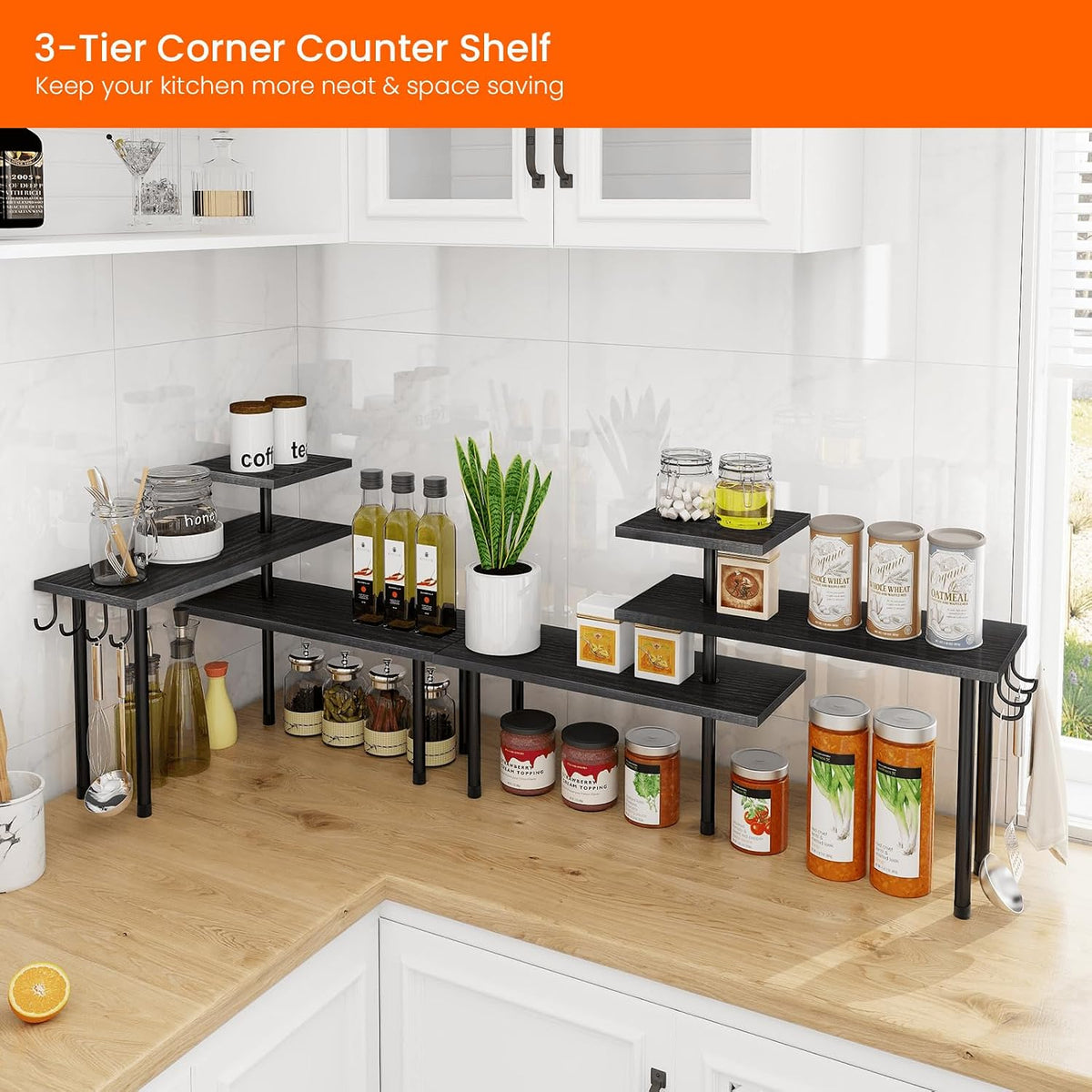 Bathroom Counter Organizer Corner Shelf, Kitchen Countertop Organizer, 3 Tier Wood Counter Shelf Stand for Over The Sink, Coffee Station, Desktop, Black