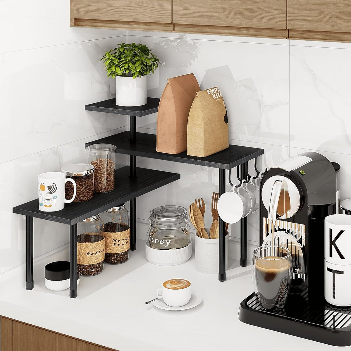 Bathroom Counter Organizer Corner Shelf, Kitchen Countertop Organizer, 3 Tier Wood Counter Shelf Stand for Over The Sink, Coffee Station, Desktop, Black
