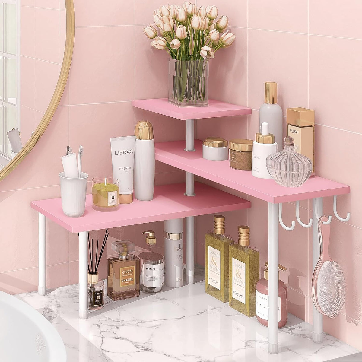 Bathroom Counter Organizer Corner Shelf, Kitchen Countertop Organizer, 3 Tier Wood Counter Shelf Stand for Over The Sink, Coffee Station, Desktop, Black