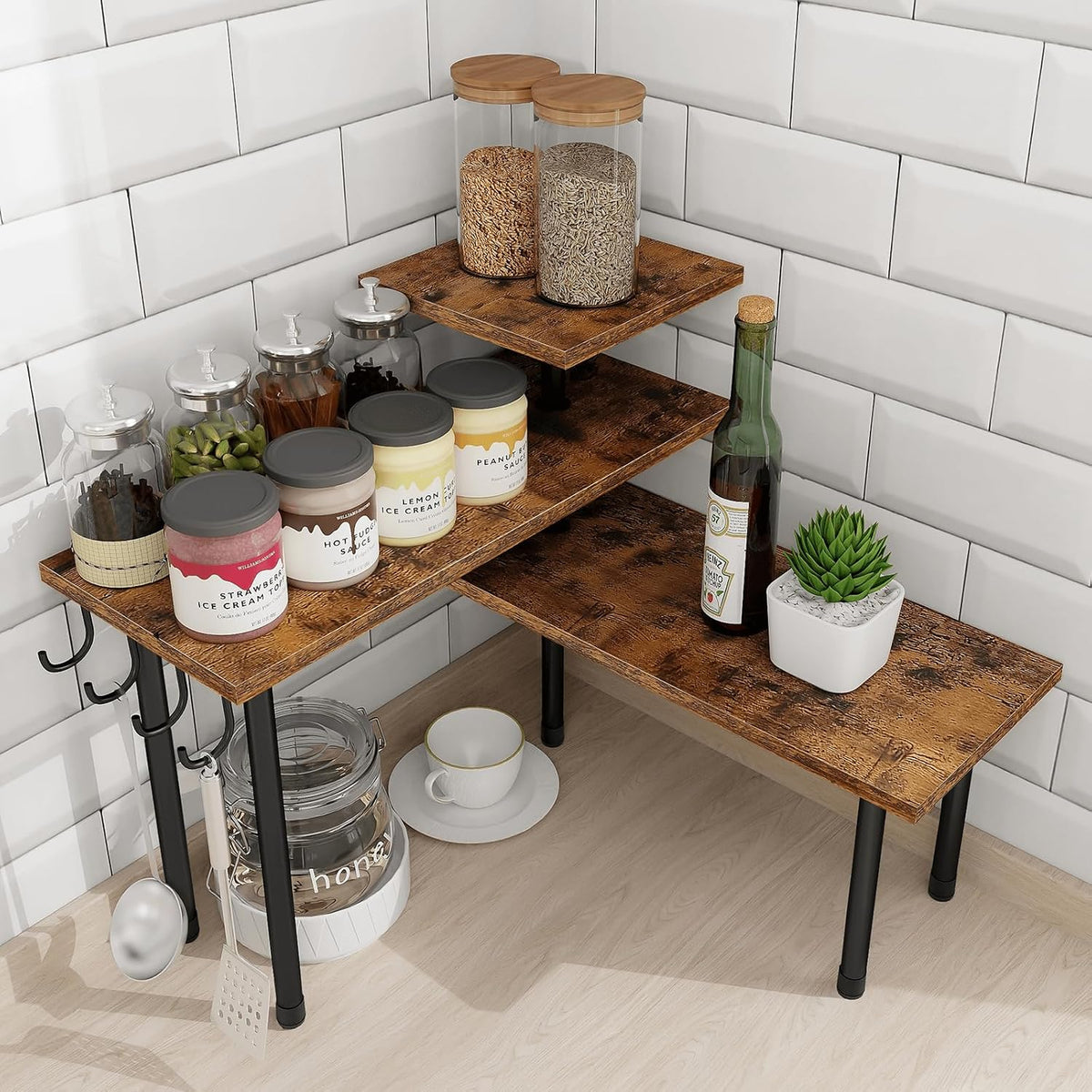 Bathroom Counter Organizer Corner Shelf, Kitchen Countertop Organizer, 3 Tier Wood Counter Shelf Stand for Over The Sink, Coffee Station, Desktop, Black