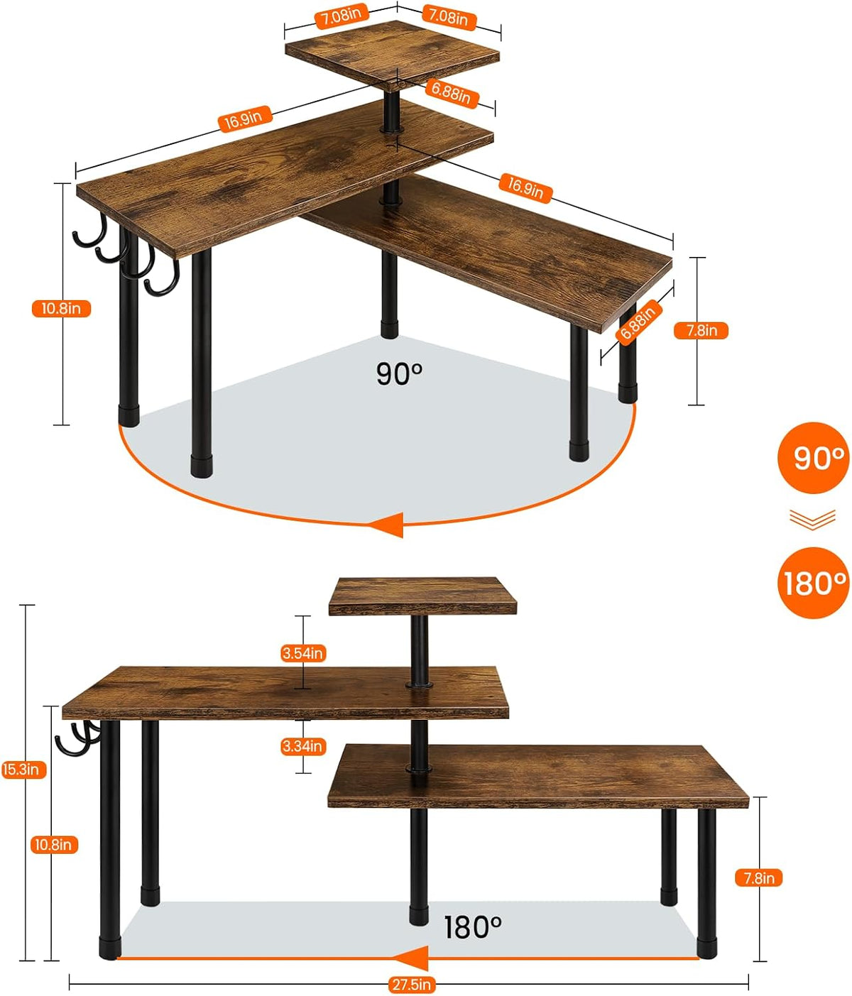 Bathroom Counter Organizer Corner Shelf, Kitchen Countertop Organizer, 3 Tier Wood Counter Shelf Stand for Over The Sink, Coffee Station, Desktop, Black