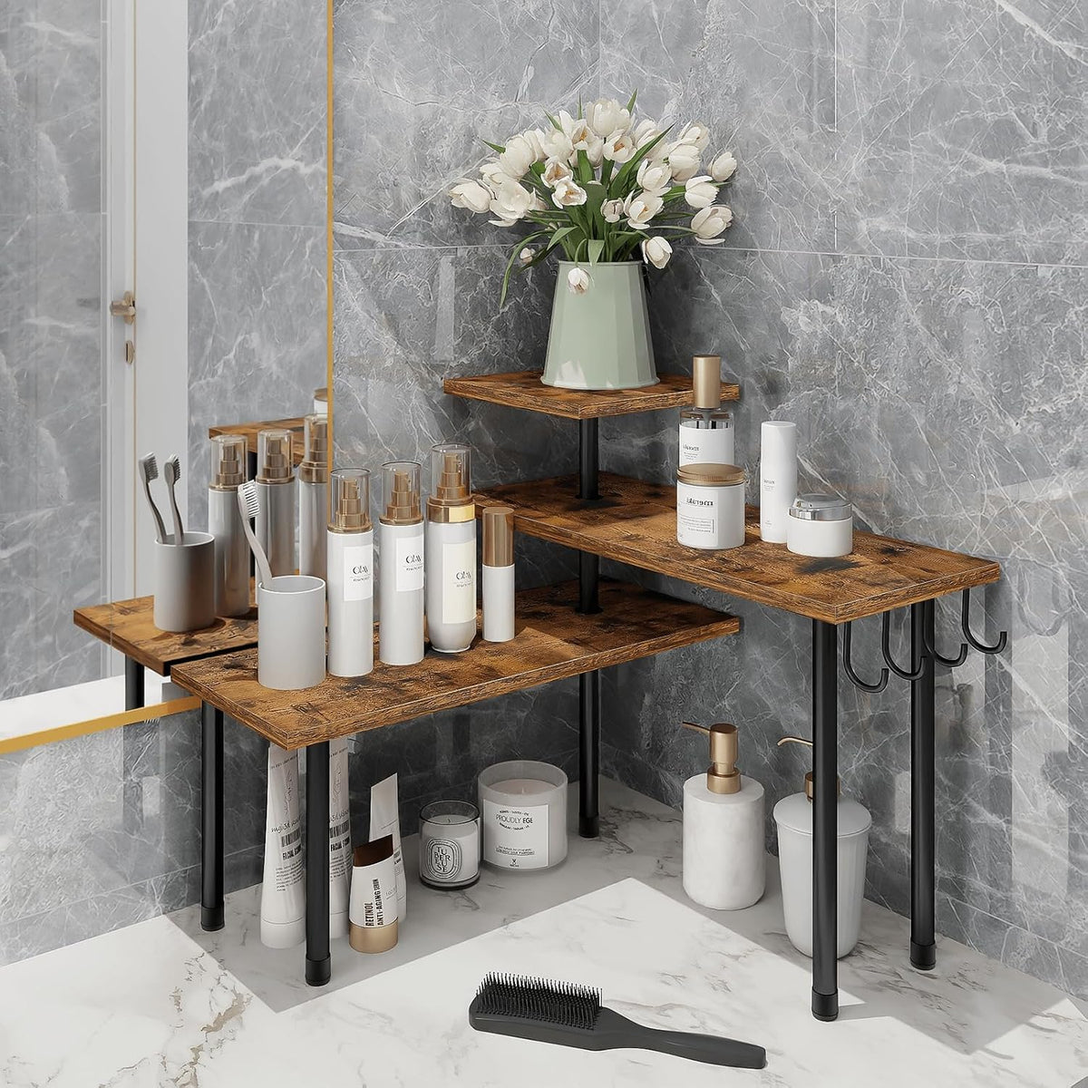 Bathroom Counter Organizer Corner Shelf, Kitchen Countertop Organizer, 3 Tier Wood Counter Shelf Stand for Over The Sink, Coffee Station, Desktop, Black