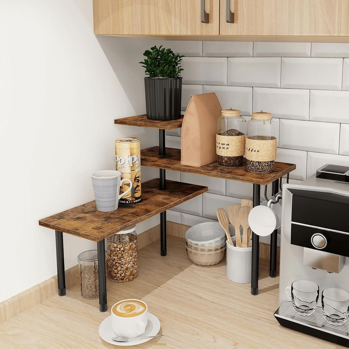 Bathroom Counter Organizer Corner Shelf, Kitchen Countertop Organizer, 3 Tier Wood Counter Shelf Stand for Over The Sink, Coffee Station, Desktop, Black