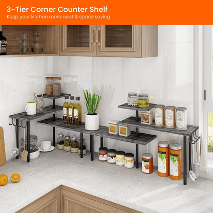 Bathroom Counter Organizer Corner Shelf, Kitchen Countertop Organizer, 3 Tier Wood Counter Shelf Stand for Over The Sink, Coffee Station, Desktop, Black