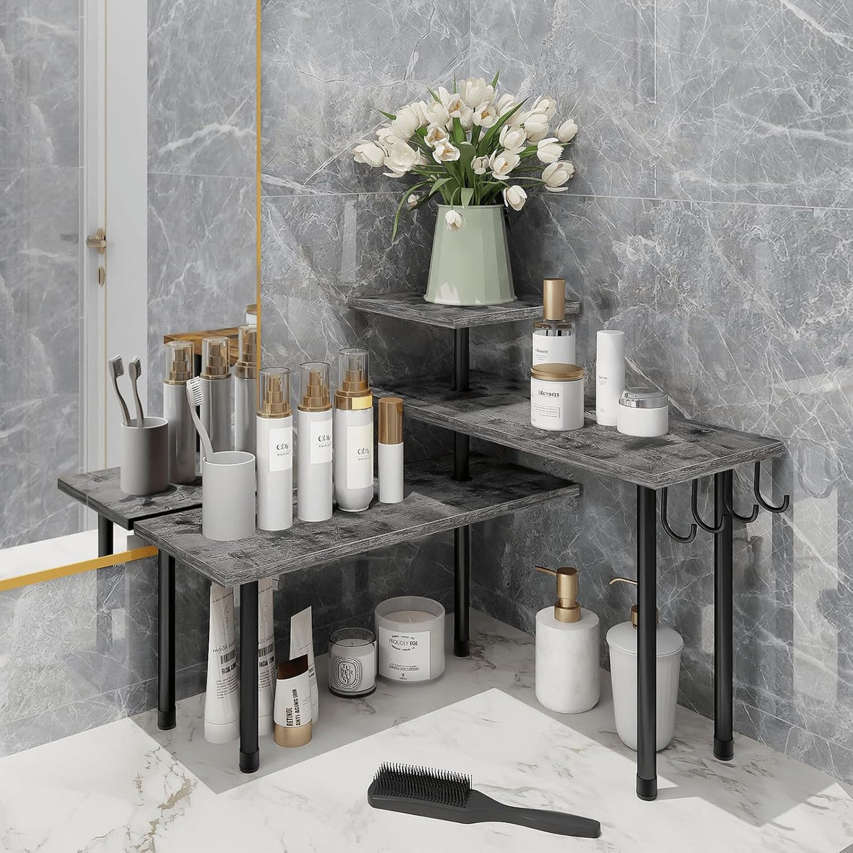 Bathroom Counter Organizer Corner Shelf, Kitchen Countertop Organizer, 3 Tier Wood Counter Shelf Stand for Over The Sink, Coffee Station, Desktop, Black