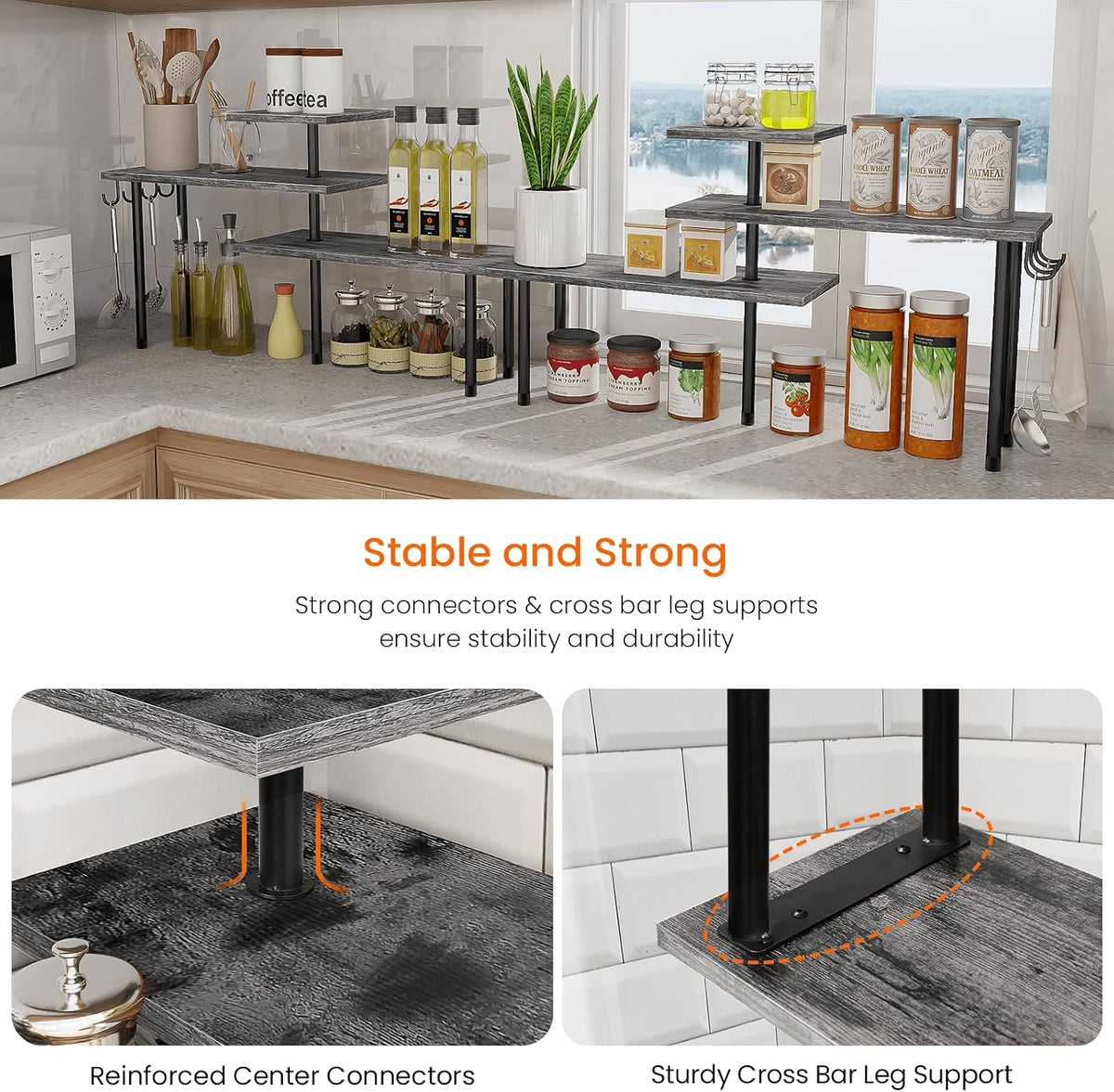 Bathroom Counter Organizer Corner Shelf, Kitchen Countertop Organizer, 3 Tier Wood Counter Shelf Stand for Over The Sink, Coffee Station, Desktop, Black