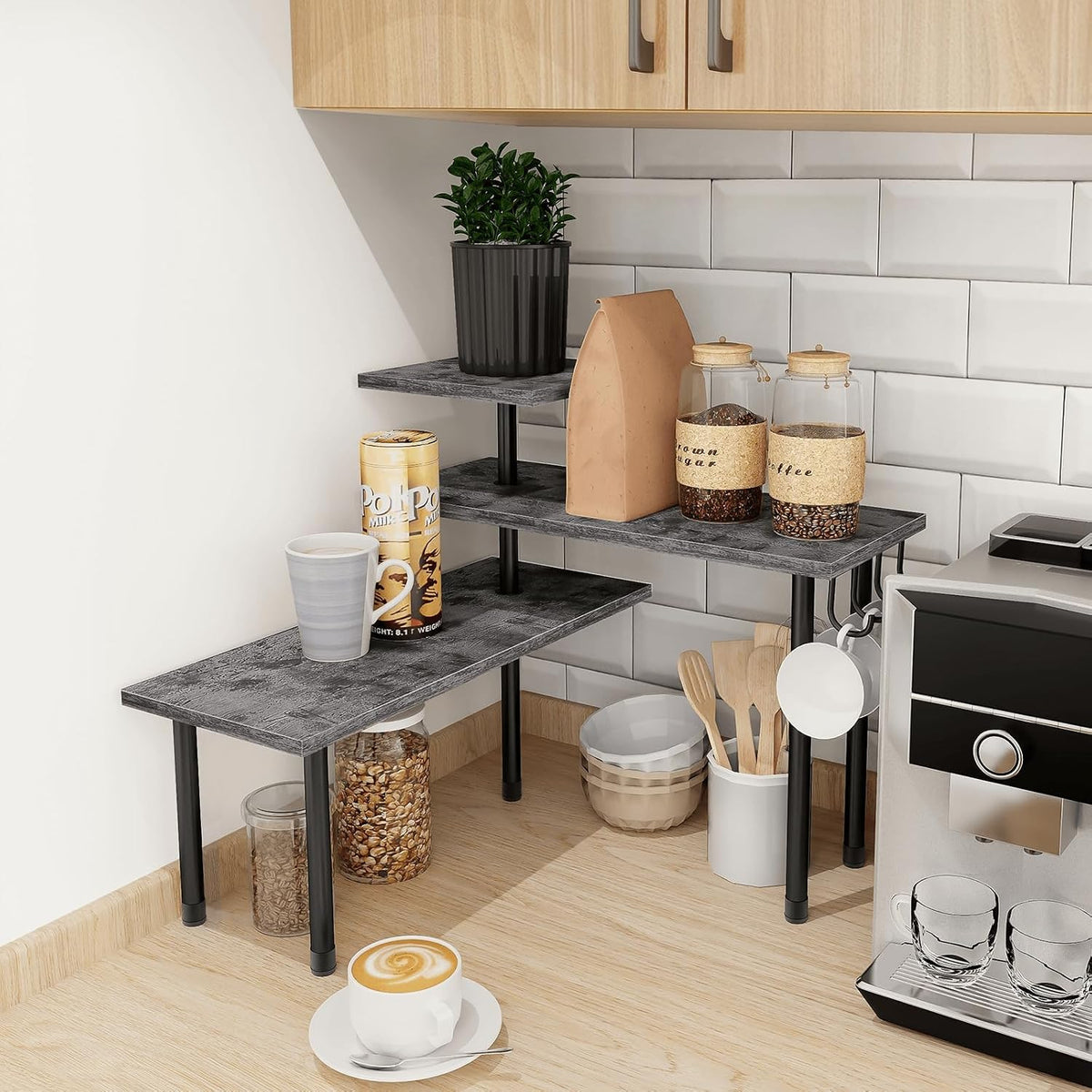 Bathroom Counter Organizer Corner Shelf, Kitchen Countertop Organizer, 3 Tier Wood Counter Shelf Stand for Over The Sink, Coffee Station, Desktop, Black