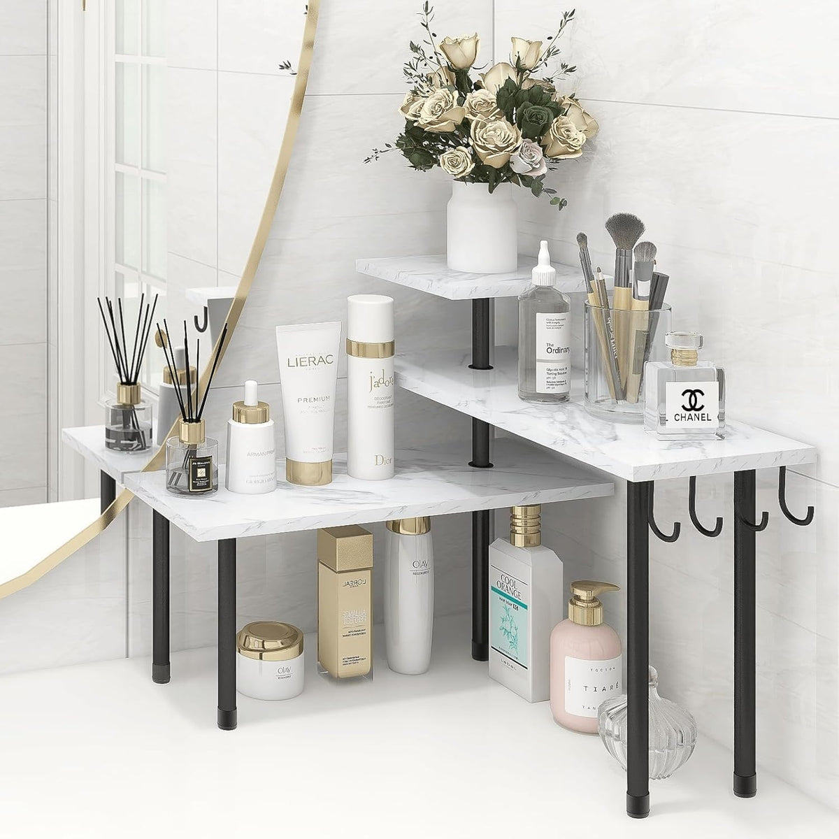Bathroom Counter Organizer Corner Shelf, Kitchen Countertop Organizer, 3 Tier Wood Counter Shelf Stand for Over The Sink, Coffee Station, Desktop, Black