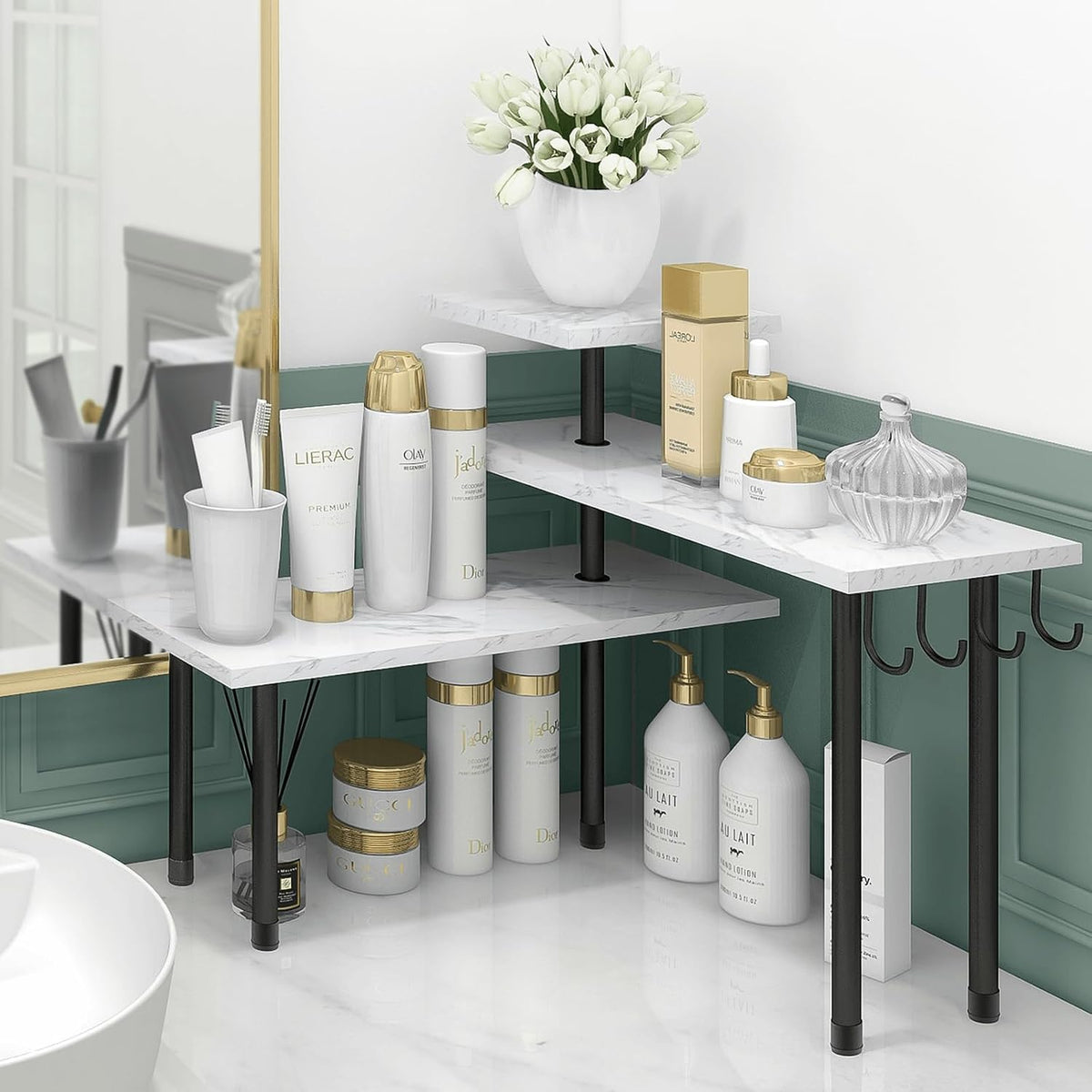 Bathroom Counter Organizer Corner Shelf, Kitchen Countertop Organizer, 3 Tier Wood Counter Shelf Stand for Over The Sink, Coffee Station, Desktop, Black