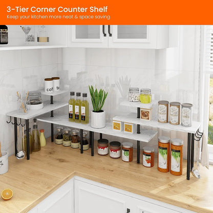 Bathroom Counter Organizer Corner Shelf, Kitchen Countertop Organizer, 3 Tier Wood Counter Shelf Stand for Over The Sink, Coffee Station, Desktop, Black
