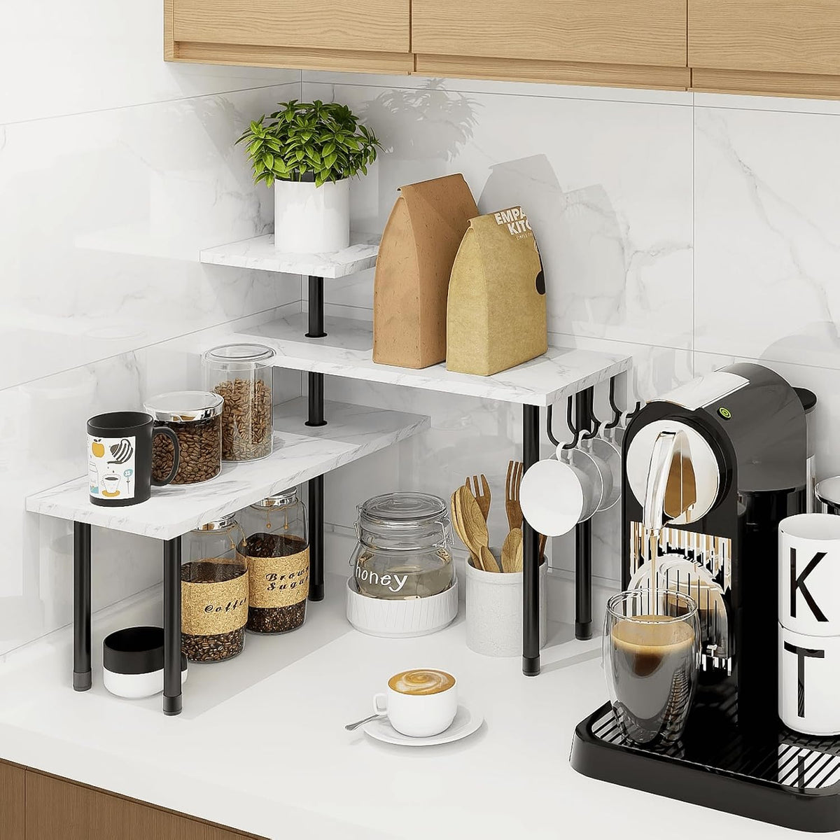 Bathroom Counter Organizer Corner Shelf, Kitchen Countertop Organizer, 3 Tier Wood Counter Shelf Stand for Over The Sink, Coffee Station, Desktop, Black
