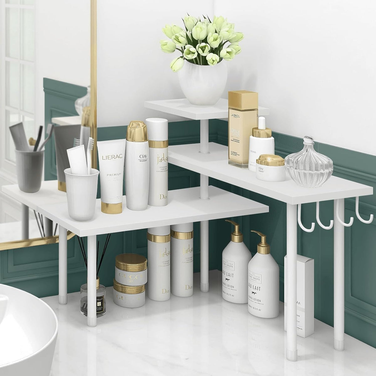 Bathroom Counter Organizer Corner Shelf, Kitchen Countertop Organizer, 3 Tier Wood Counter Shelf Stand for Over The Sink, Coffee Station, Desktop, Black