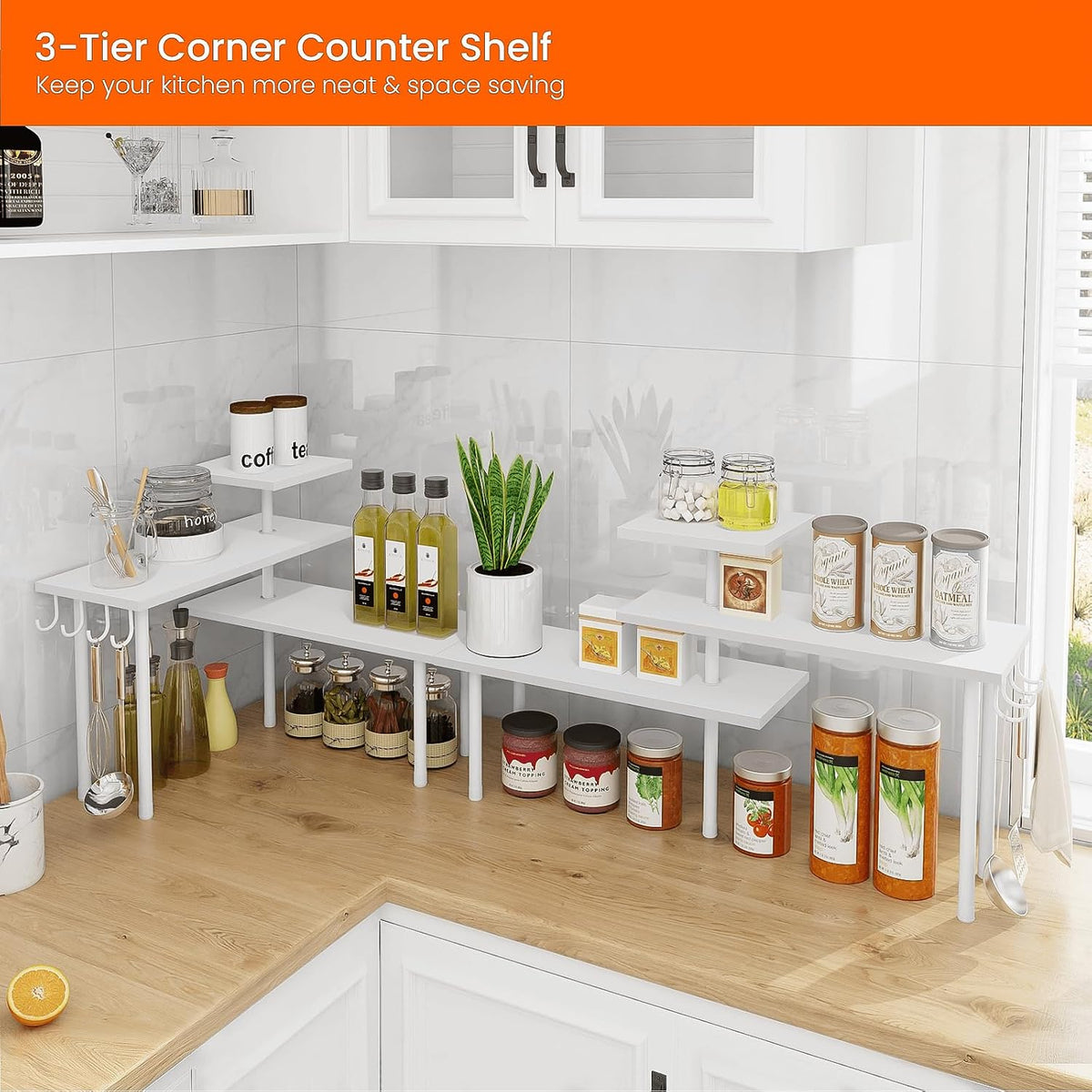 Bathroom Counter Organizer Corner Shelf, Kitchen Countertop Organizer, 3 Tier Wood Counter Shelf Stand for Over The Sink, Coffee Station, Desktop, Black