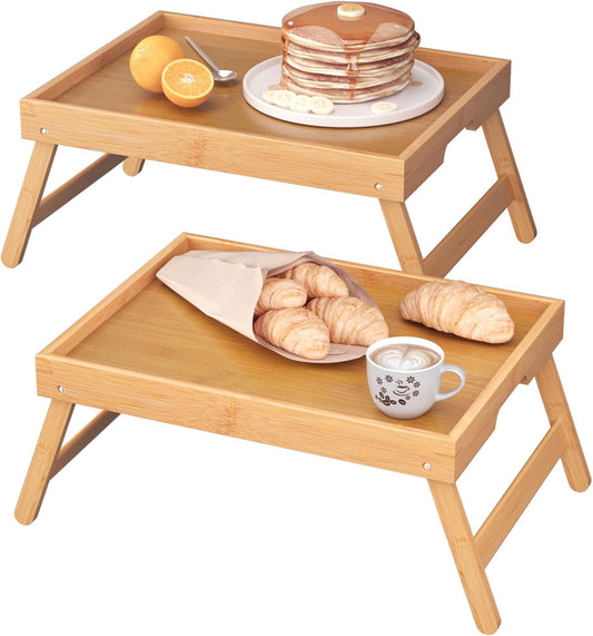 2 Pack Bamboo Bed Tray Table with Folding Legs,Breakfast Trays,Serving Tray for Food and Snack,Laptop Trays for Working(Natural)