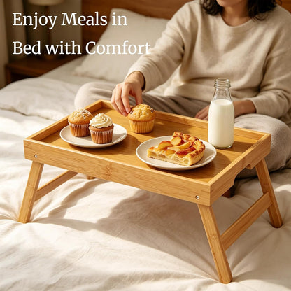2 Pack Bamboo Bed Tray Table with Folding Legs,Breakfast Trays,Serving Tray for Food and Snack,Laptop Trays for Working(Natural)