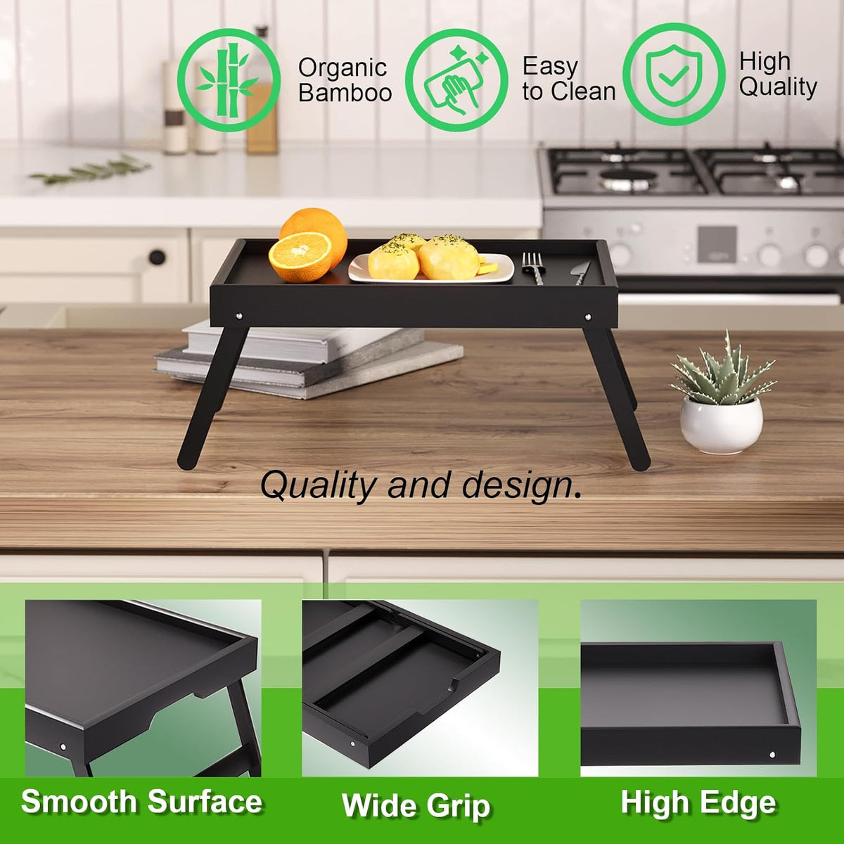2 Pack Bamboo Bed Tray Table with Folding Legs,Breakfast Trays,Serving Tray for Food and Snack,Laptop Trays for Working(Natural)