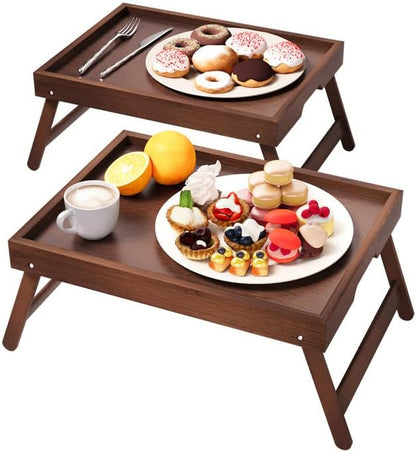 2 Pack Bamboo Bed Tray Table with Folding Legs,Breakfast Trays,Serving Tray for Food and Snack,Laptop Trays for Working(Natural)
