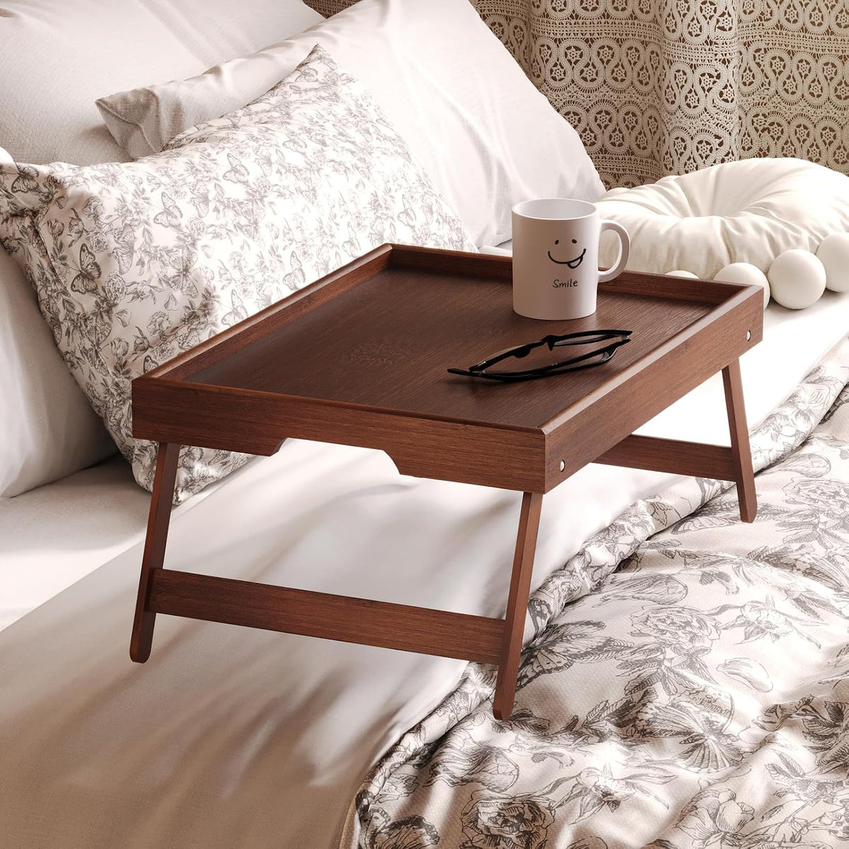 2 Pack Bamboo Bed Tray Table with Folding Legs,Breakfast Trays,Serving Tray for Food and Snack,Laptop Trays for Working(Natural)