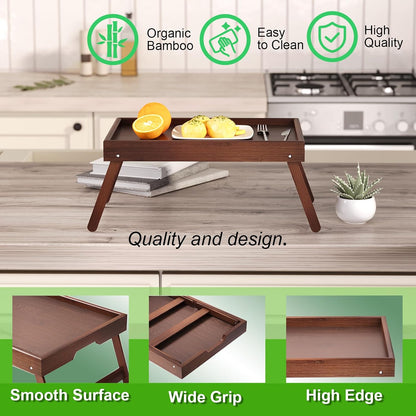 2 Pack Bamboo Bed Tray Table with Folding Legs,Breakfast Trays,Serving Tray for Food and Snack,Laptop Trays for Working(Natural)