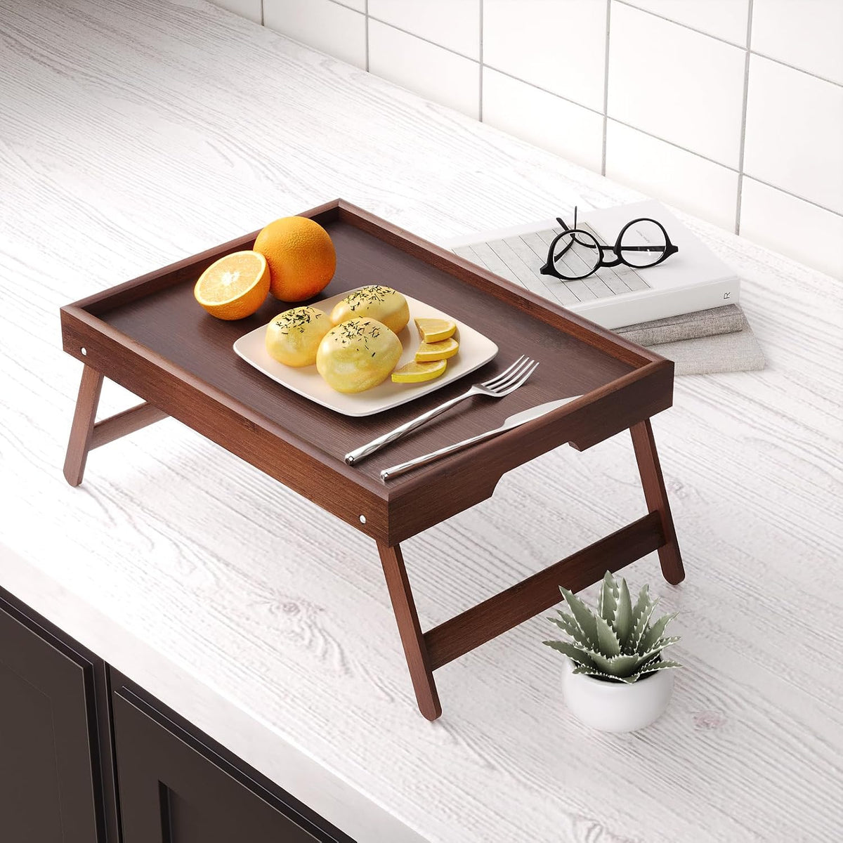 2 Pack Bamboo Bed Tray Table with Folding Legs,Breakfast Trays,Serving Tray for Food and Snack,Laptop Trays for Working(Natural)