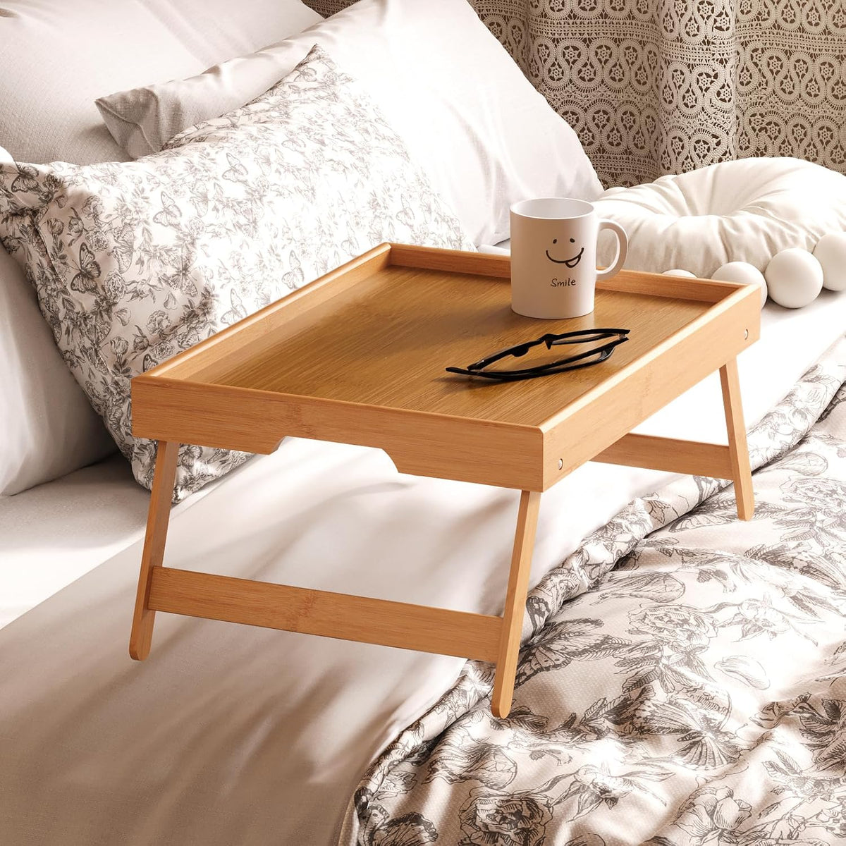 2 Pack Bamboo Bed Tray Table with Folding Legs,Breakfast Trays,Serving Tray for Food and Snack,Laptop Trays for Working(Natural)
