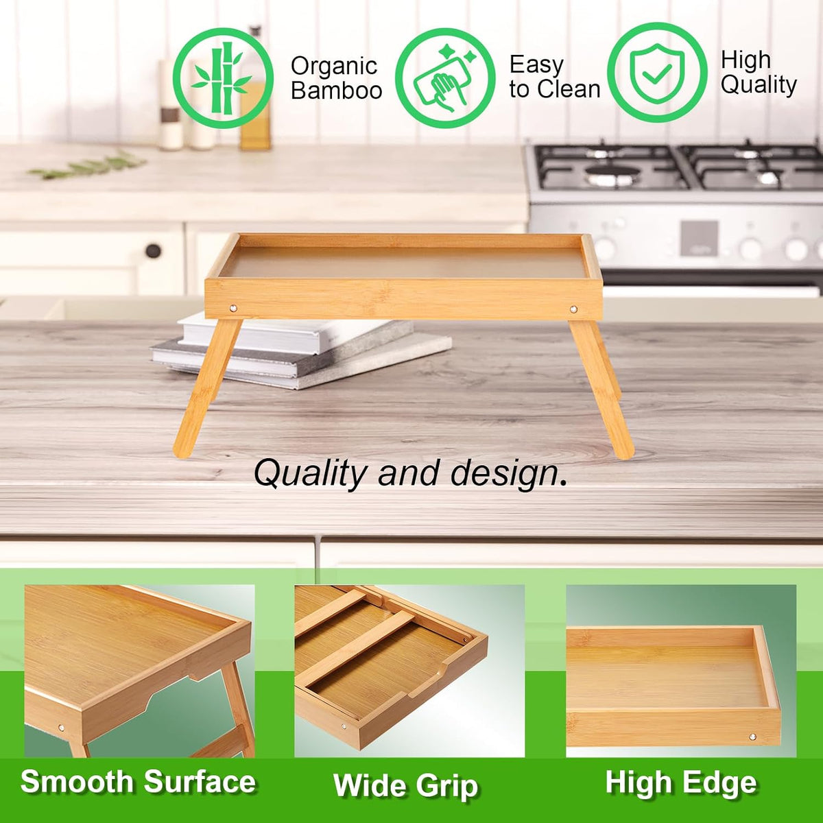 2 Pack Bamboo Bed Tray Table with Folding Legs,Breakfast Trays,Serving Tray for Food and Snack,Laptop Trays for Working(Natural)