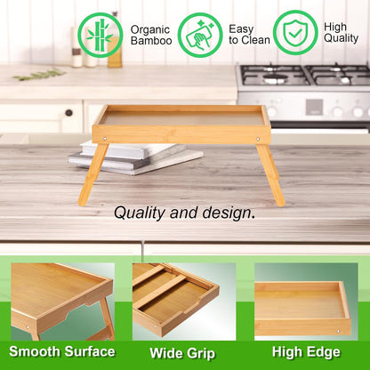 2 Pack Bamboo Bed Tray Table with Folding Legs,Breakfast Trays,Serving Tray for Food and Snack,Laptop Trays for Working(Natural)