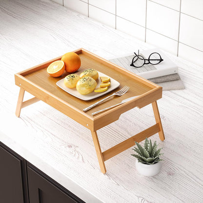 2 Pack Bamboo Bed Tray Table with Folding Legs,Breakfast Trays,Serving Tray for Food and Snack,Laptop Trays for Working(Natural)
