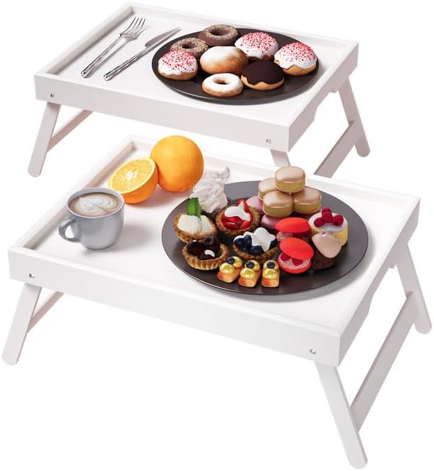 2 Pack Bamboo Bed Tray Table with Folding Legs,Breakfast Trays,Serving Tray for Food and Snack,Laptop Trays for Working(Natural)