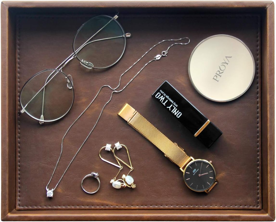 Valet Tray Nightstand Organizer Leather Catchall Tray for Perfume,Jewelry,Key and Remote on Counter or Dresser(Black)