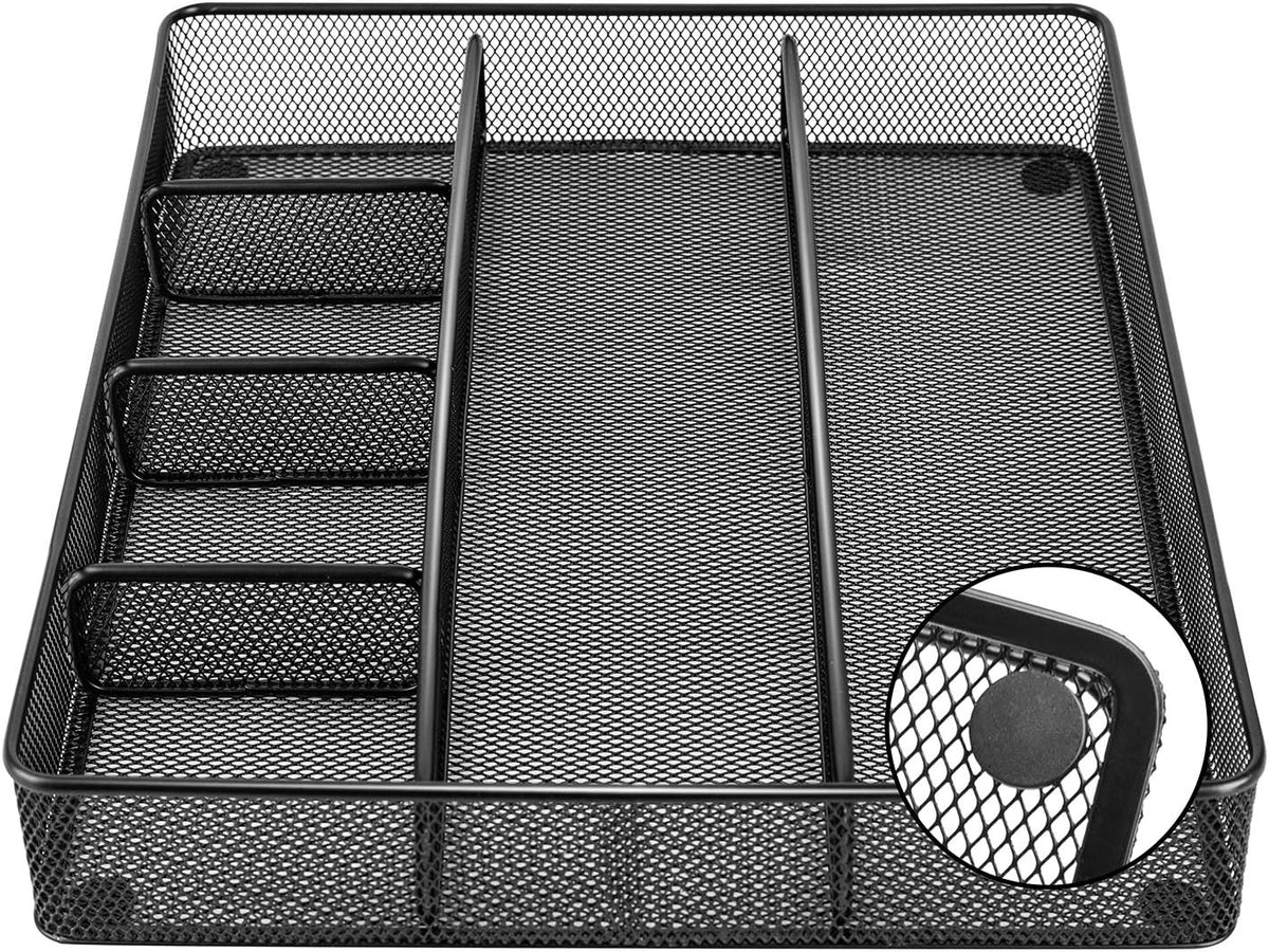 Metal Mesh Desk Organizer with 6 Compartments, Anti-Slip Pen Holder Storage Tray for Office Supplies and Home, Black