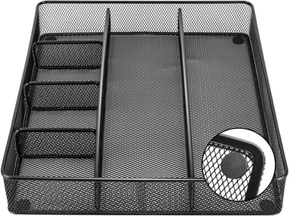 Metal Mesh Desk Organizer with 6 Compartments, Anti-Slip Pen Holder Storage Tray for Office Supplies and Home, Black