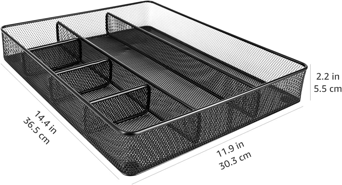 Metal Mesh Desk Organizer with 6 Compartments, Anti-Slip Pen Holder Storage Tray for Office Supplies and Home, Black