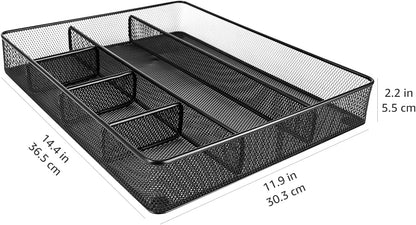 Metal Mesh Desk Organizer with 6 Compartments, Anti-Slip Pen Holder Storage Tray for Office Supplies and Home, Black