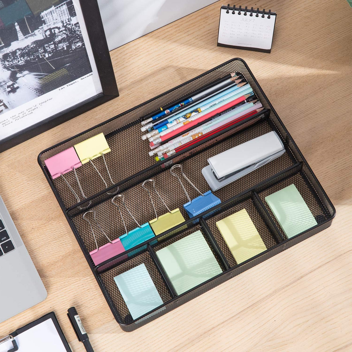 Metal Mesh Desk Organizer with 6 Compartments, Anti-Slip Pen Holder Storage Tray for Office Supplies and Home, Black