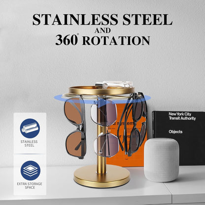 360° Rotating Sunglass Organizer Storage, Stainless Steel Glasses Holder Stand, Glasses Organizer with Tray for Desk, Dresser, Tabletop, Nightstand and Home Decor (Gold)