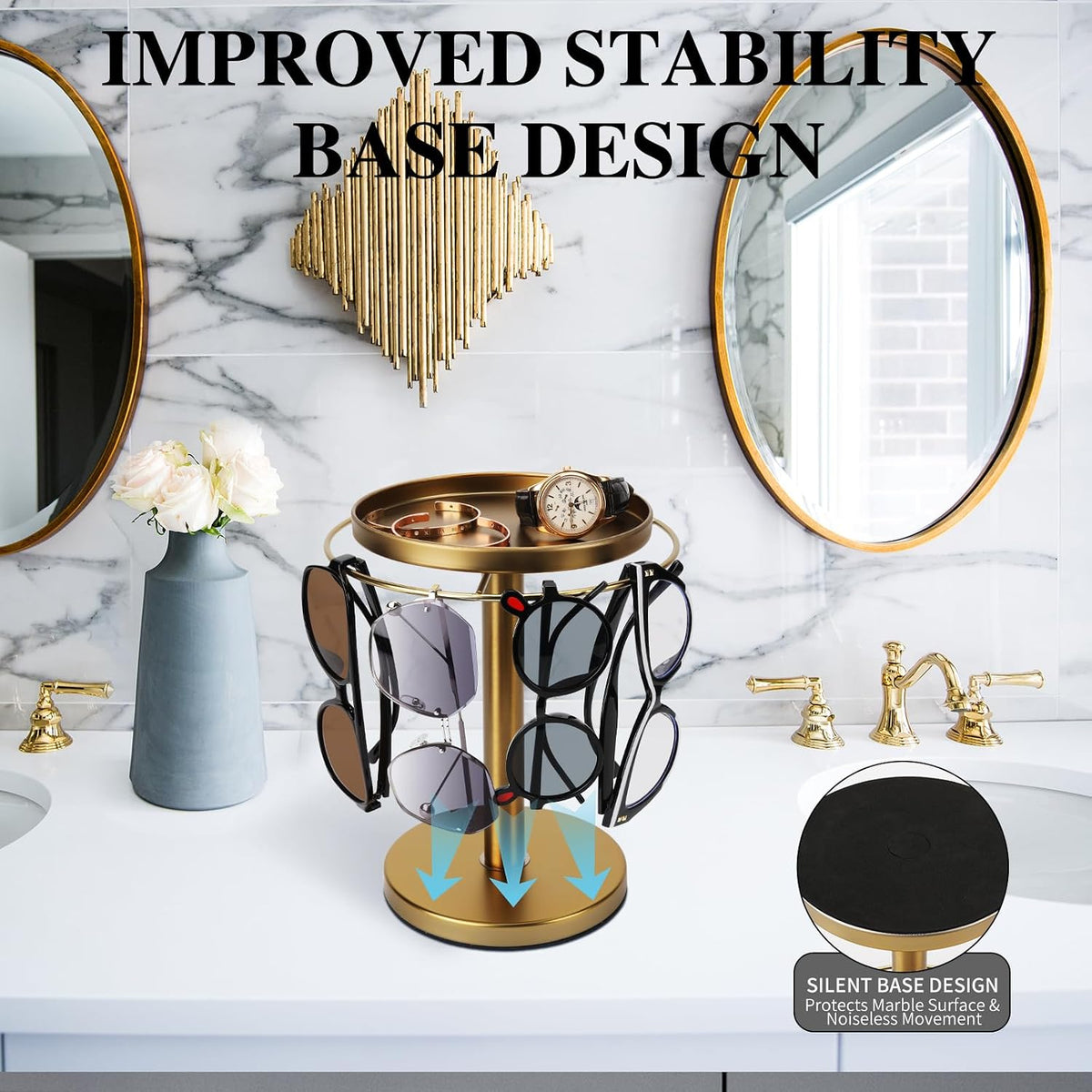 360° Rotating Sunglass Organizer Storage, Stainless Steel Glasses Holder Stand, Glasses Organizer with Tray for Desk, Dresser, Tabletop, Nightstand and Home Decor (Gold)