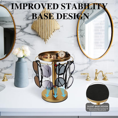 360° Rotating Sunglass Organizer Storage, Stainless Steel Glasses Holder Stand, Glasses Organizer with Tray for Desk, Dresser, Tabletop, Nightstand and Home Decor (Gold)