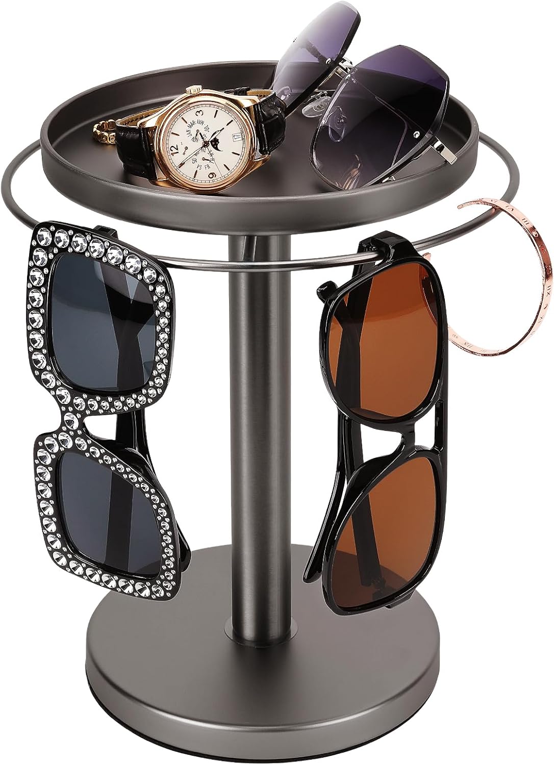 360° Rotating Sunglass Organizer Storage, Stainless Steel Glasses Holder Stand, Glasses Organizer with Tray for Desk, Dresser, Tabletop, Nightstand and Home Decor (Gold)
