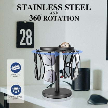 360° Rotating Sunglass Organizer Storage, Stainless Steel Glasses Holder Stand, Glasses Organizer with Tray for Desk, Dresser, Tabletop, Nightstand and Home Decor (Gold)
