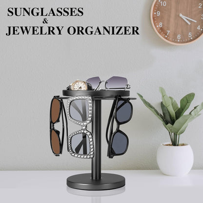 360° Rotating Sunglass Organizer Storage, Stainless Steel Glasses Holder Stand, Glasses Organizer with Tray for Desk, Dresser, Tabletop, Nightstand and Home Decor (Gold)