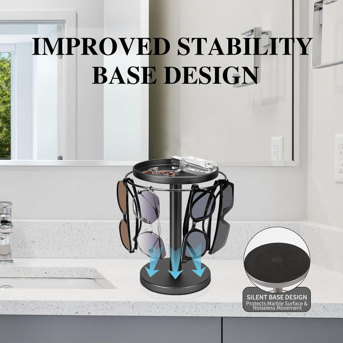 360° Rotating Sunglass Organizer Storage, Stainless Steel Glasses Holder Stand, Glasses Organizer with Tray for Desk, Dresser, Tabletop, Nightstand and Home Decor (Gold)