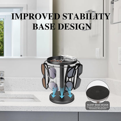 360° Rotating Sunglass Organizer Storage, Stainless Steel Glasses Holder Stand, Glasses Organizer with Tray for Desk, Dresser, Tabletop, Nightstand and Home Decor (Gold)