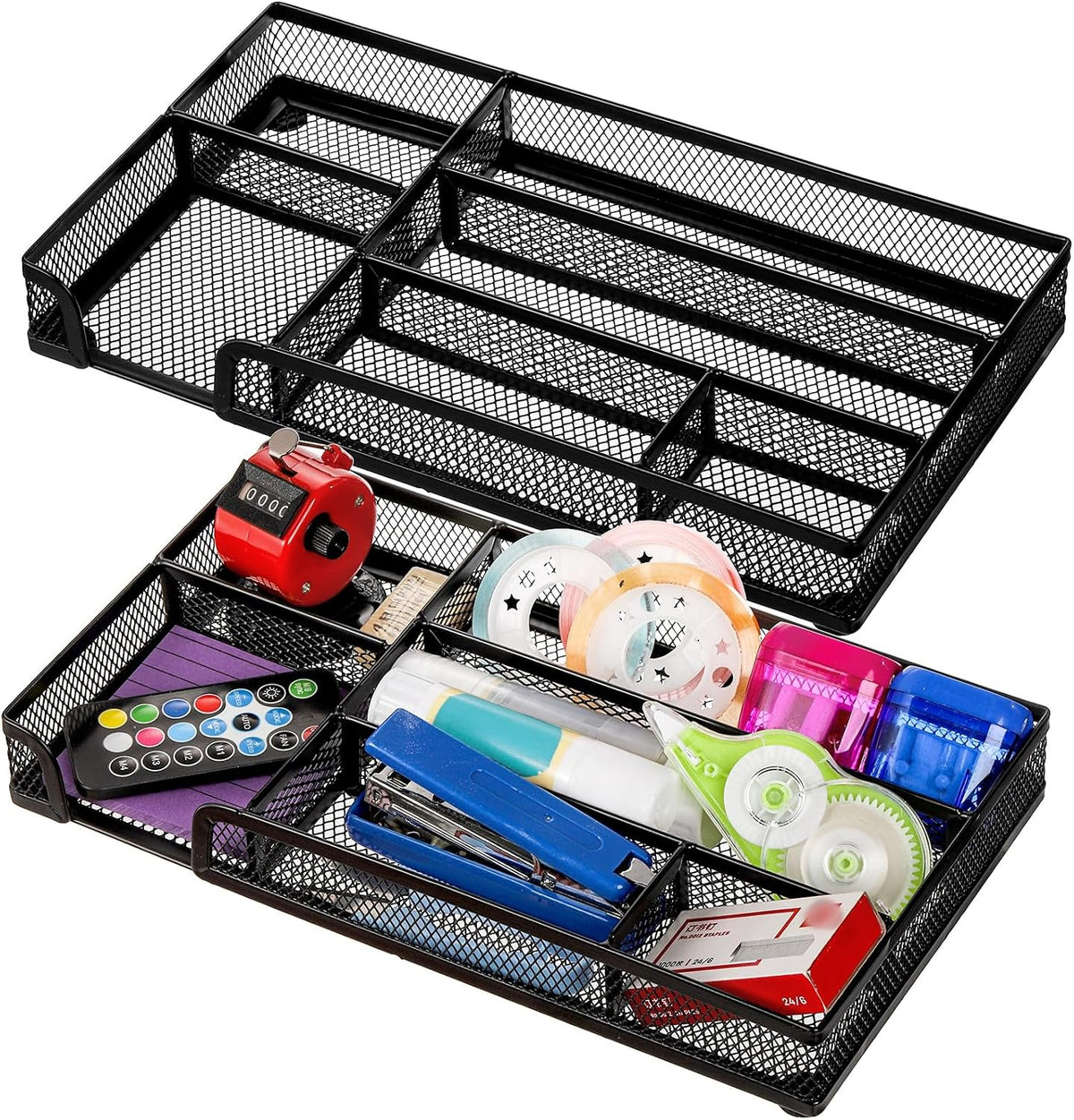 2 Pack Desk Drawer Organizer, Metal Mesh Drawer Office Tray, 6 Compartments Pen Organizer Storage Box, Desktop Basket Accessories for Home Office School Kitchen Vanity Supplies, Black