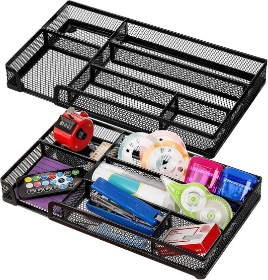 2 Pack Desk Drawer Organizer, Metal Mesh Drawer Office Tray, 6 Compartments Pen Organizer Storage Box, Desktop Basket Accessories for Home Office School Kitchen Vanity Supplies, Black