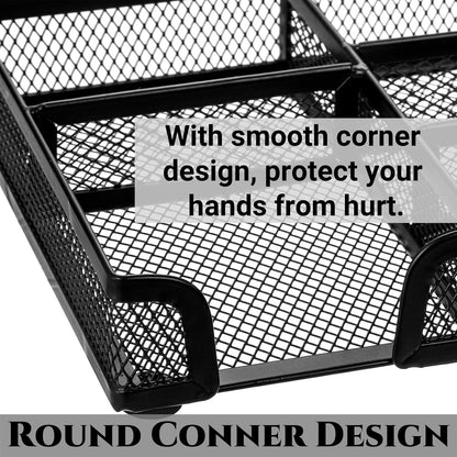 2 Pack Desk Drawer Organizer, Metal Mesh Drawer Office Tray, 6 Compartments Pen Organizer Storage Box, Desktop Basket Accessories for Home Office School Kitchen Vanity Supplies, Black